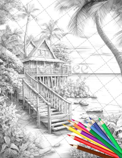 Beautiful Tropical Beach Grayscale Coloring Pages Printable for Adults, PDF File Instant Download