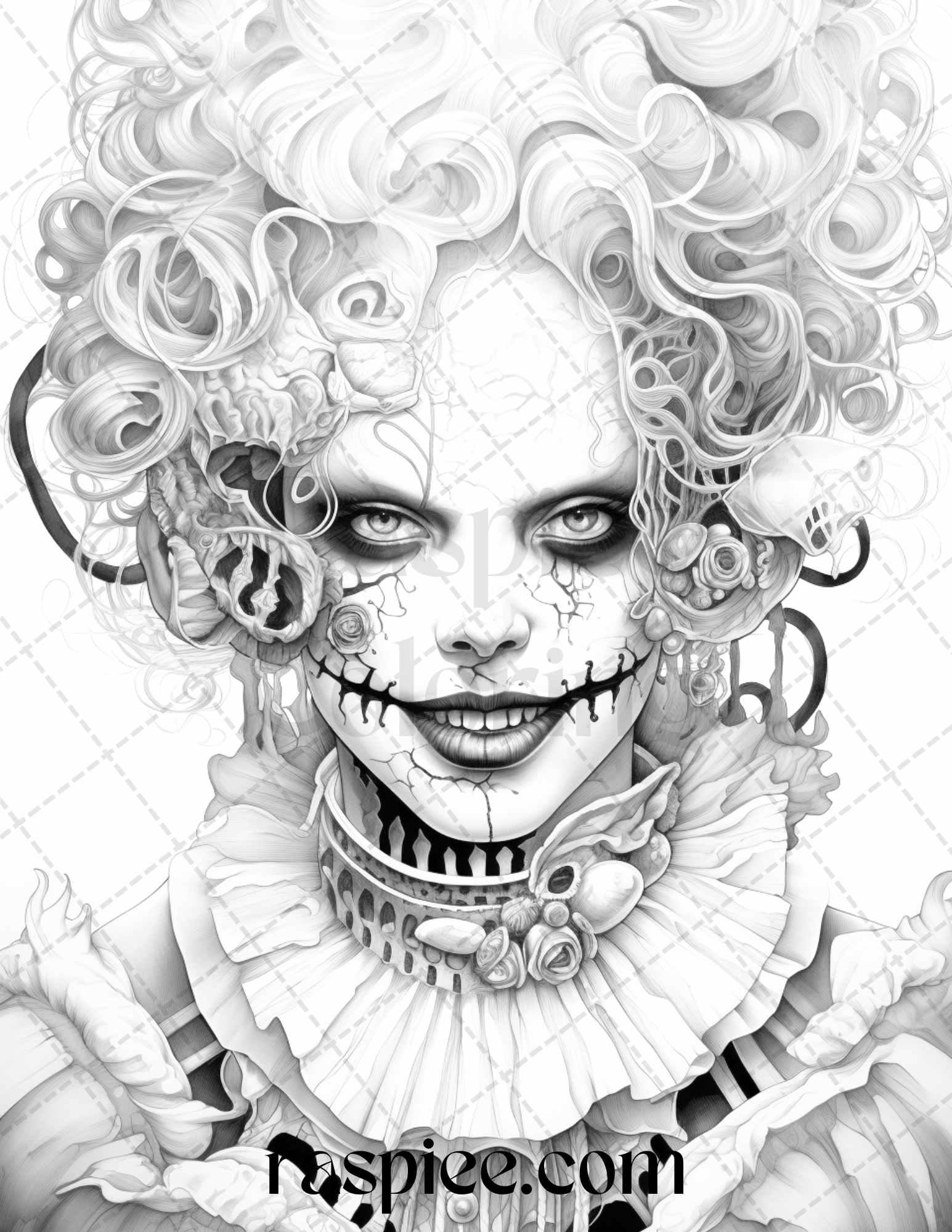50 Scary Clown Girls Grayscale Coloring Pages Printable for Adults, PDF File Instant Download