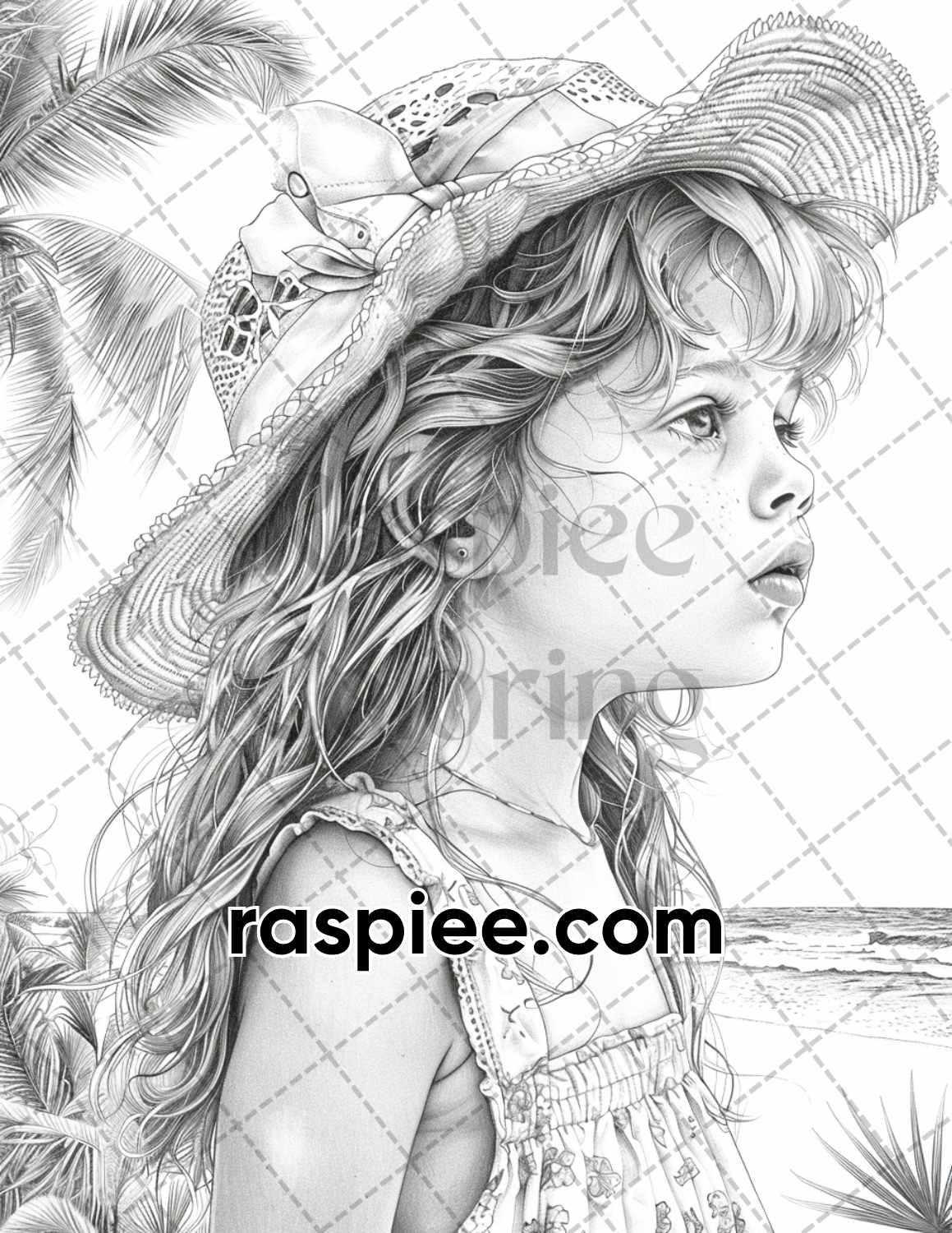 65 Summer Little Girls Portrait Grayscale Adult Coloring Pages Printable PDF Instant Download