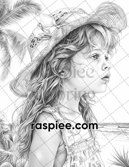 65 Summer Little Girls Portrait Grayscale Adult Coloring Pages Printable PDF Instant Download