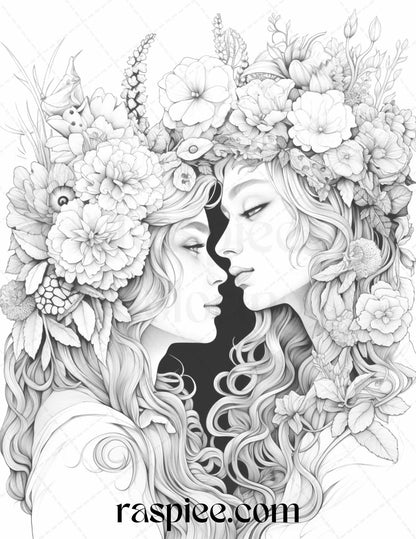 50 Romantic Couple Flowers Grayscale Coloring Pages Printable for Adults, PDF File Instant Download
