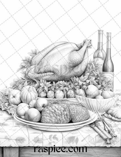 Thanksgiving Dinner Grayscale Coloring Pages for Adults, Relaxing Fall Coloring Sheets, Printable PDF File Instant Download