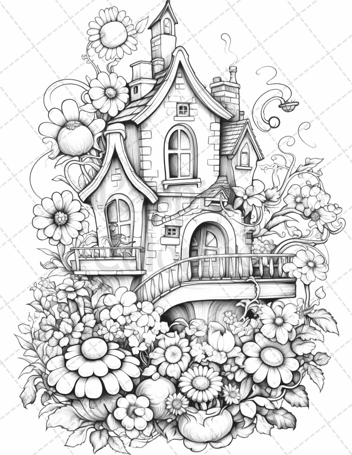 60 Flower Houses Grayscale Coloring Pages Printable for Adults, PDF File Instant Download