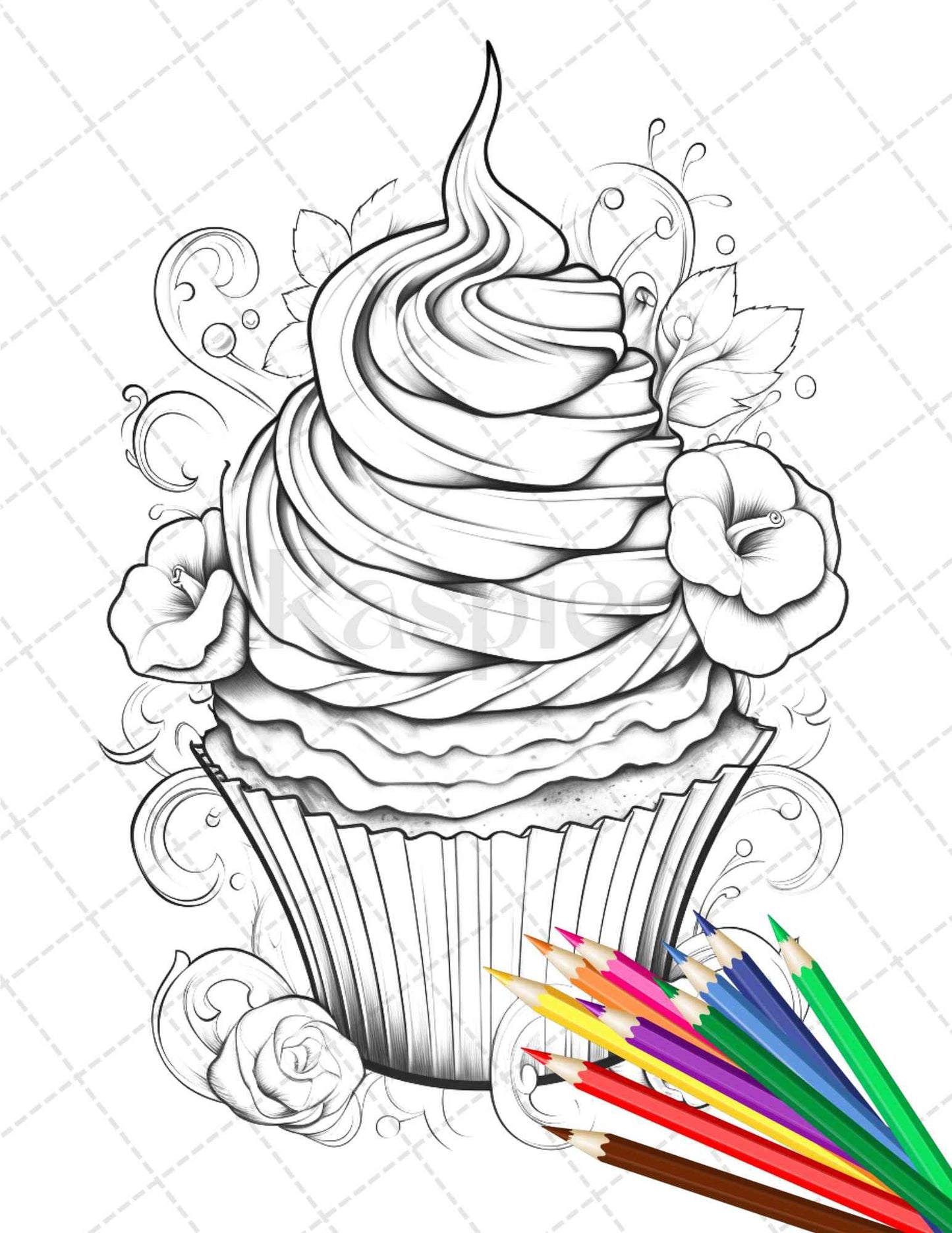 36 Sweet Desserts Coloring Pages Printable for Adults, Grayscale Coloring Page, PDF File Instant Download