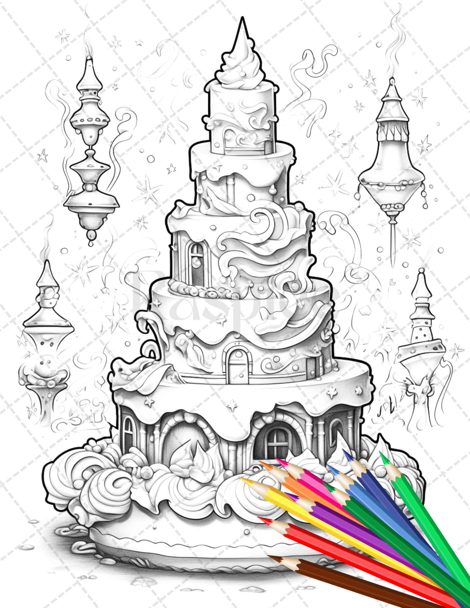 38 Whimsical Cakes Grayscale Coloring Pages for Adults, PDF File Instant Download