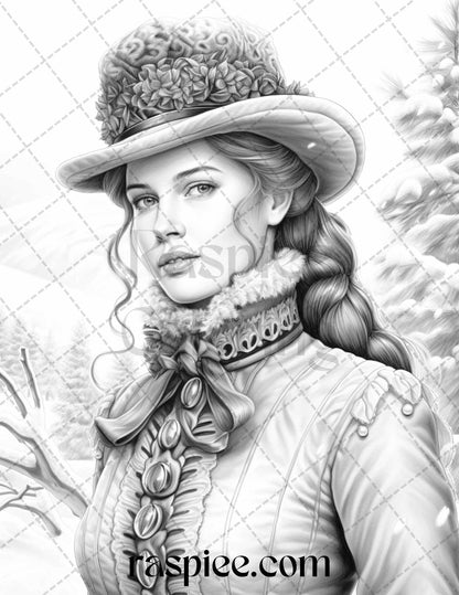 60 Victorian Winter Portrait Grayscale Coloring Pages Printable for Adults, PDF File Instant Download