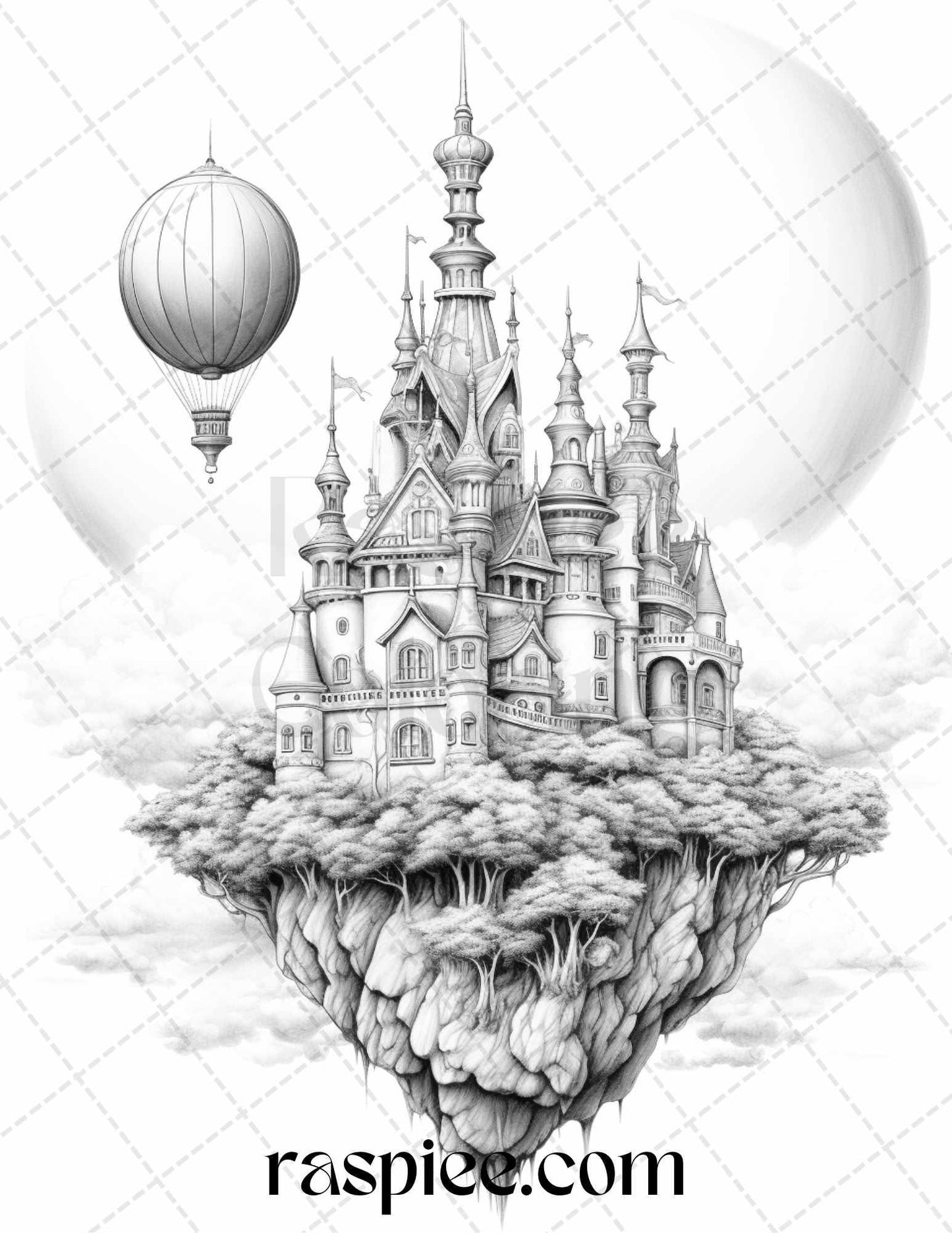 Floating Castle in the Sky Grayscale Coloring Pages for Adults, Printable PDF File Instant Download