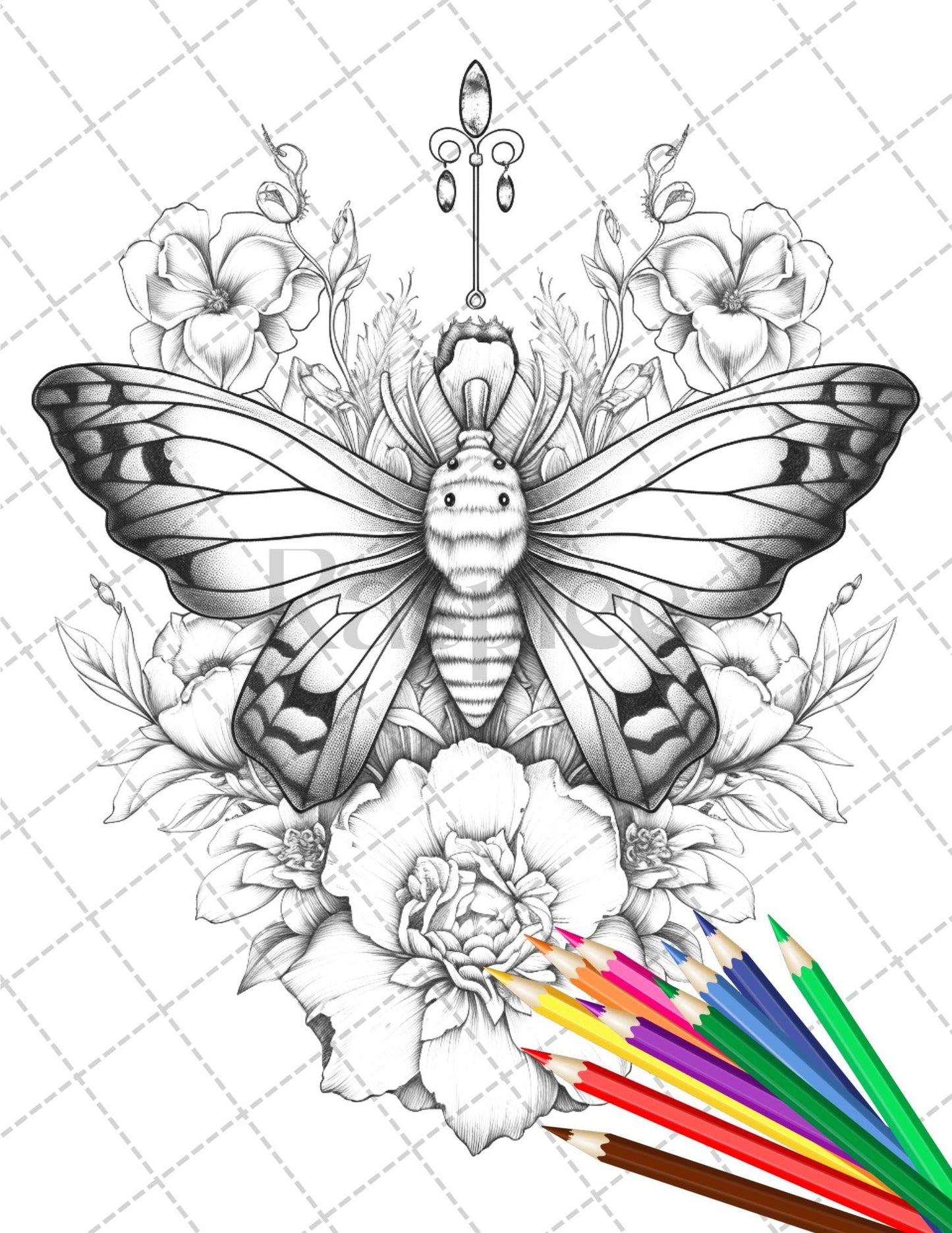 32 Beautiful Moths and Floral Coloring Book for Adults, Grayscale Coloring Page, Printable PDF Instant Download