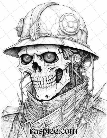 53 Scary Steampunk Scarecrows Grayscale Coloring Pages Printable for Adults, PDF File Instant Download