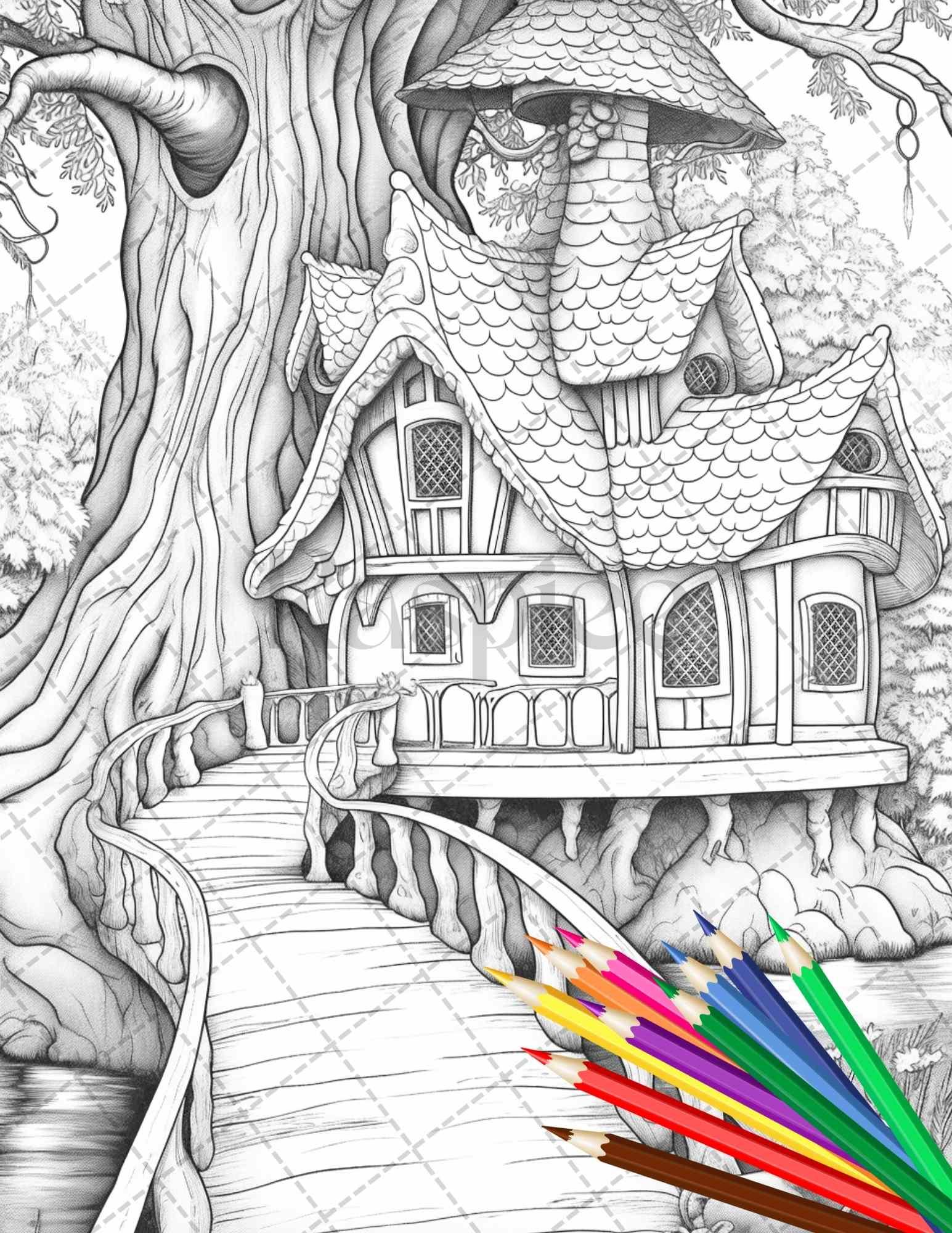 63 Winter Fairy Houses Grayscale Coloring Pages Printable for Adults, PDF File Instant Download