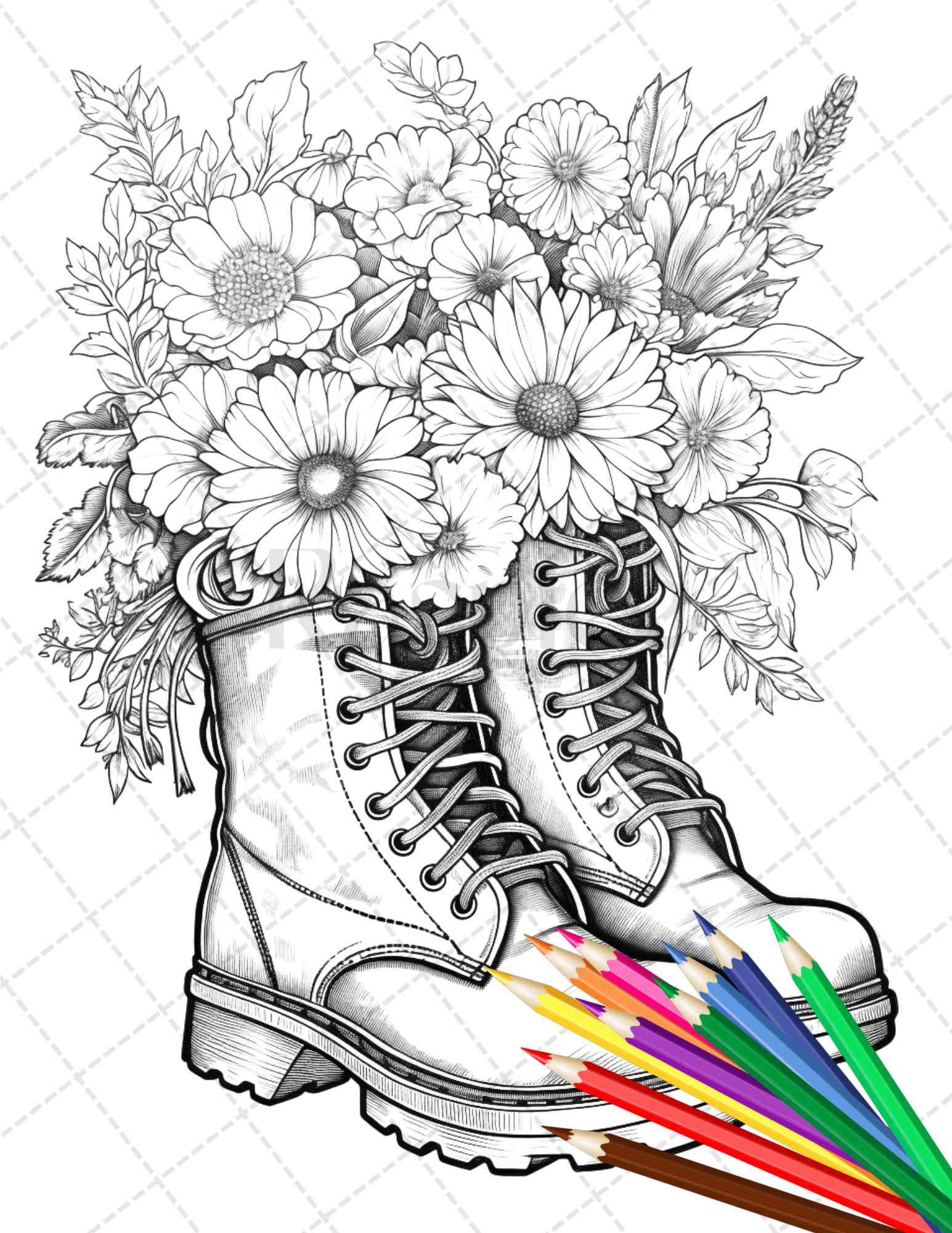 32 Flower Boots Coloring Pages Printable for Adults, Floral Grayscale Coloring Page, PDF File Instant Download