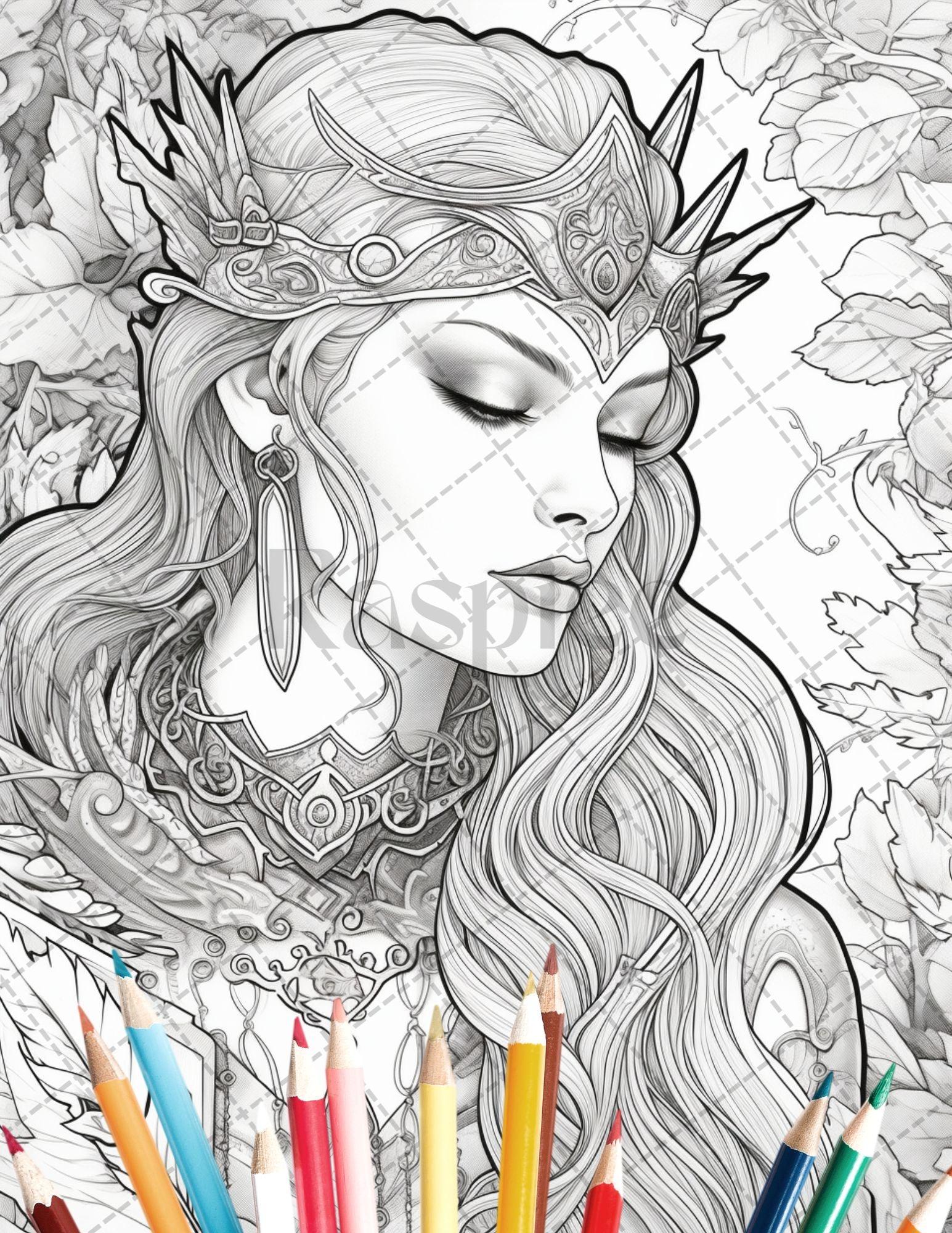35 Beautiful Printable Elf Girls Coloring Book for Adults, Grayscale Coloring Page, PDF File Instant Download