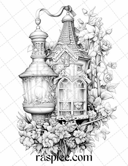 50 Lantern Fairy Houses Grayscale Coloring Pages Printable for Adults, PDF File Instant Download