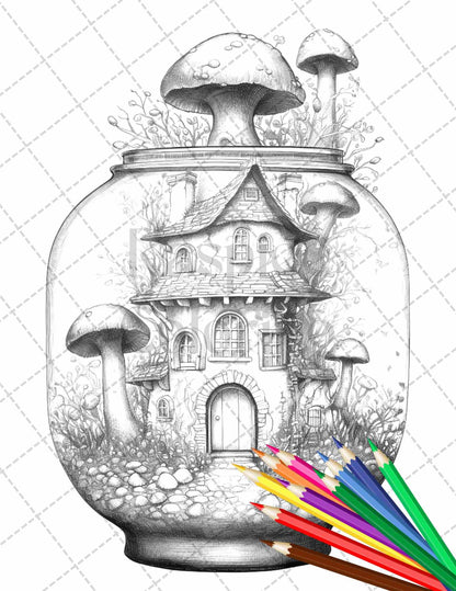 Fairy House in Jar Grayscale Coloring Pages Printable for Adults, PDF File Instant Download
