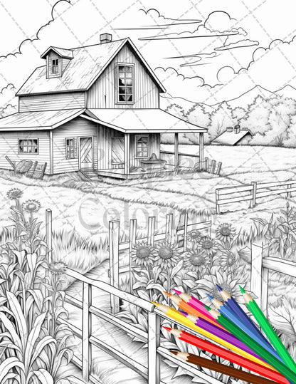 Charming Farmhouse Scenery Grayscale Coloring Pages Printable for Adults, PDF File Instant Download