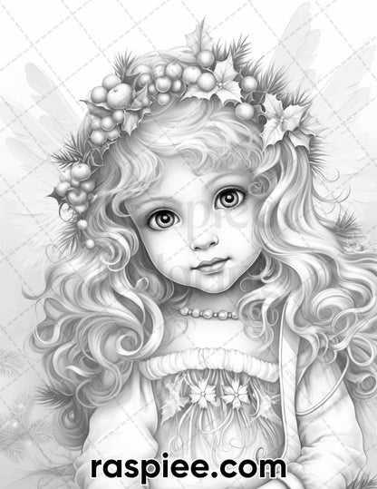 55 Christmas Angel Grayscale Coloring Pages for Adults, Printable PDF Instant Download