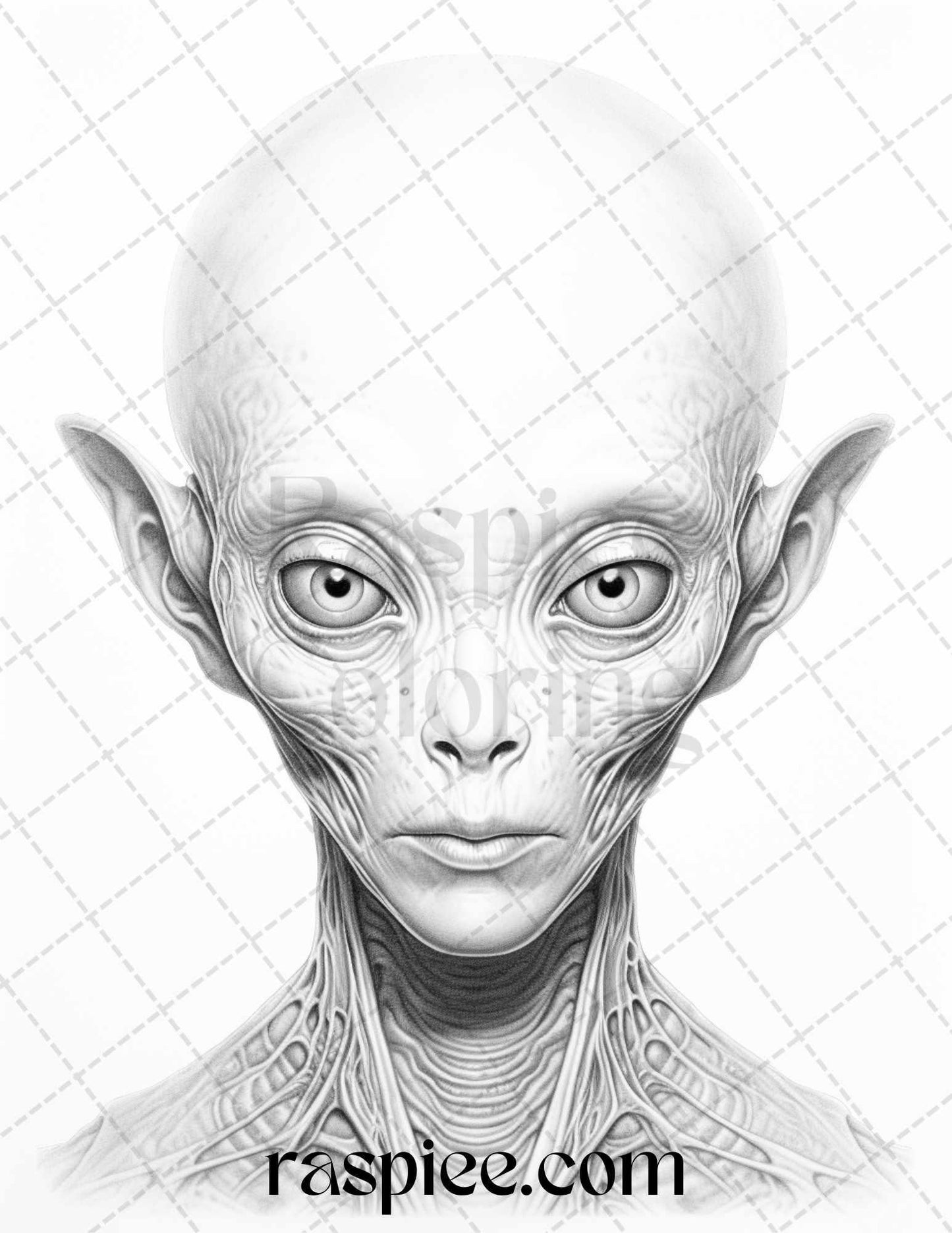 65 Alien Portrait Grayscale Coloring Pages for Adults, Printable PDF File Instant Download