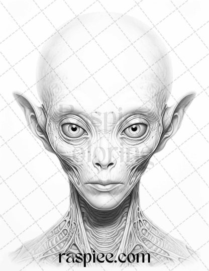 65 Alien Portrait Grayscale Coloring Pages for Adults, Printable PDF File Instant Download