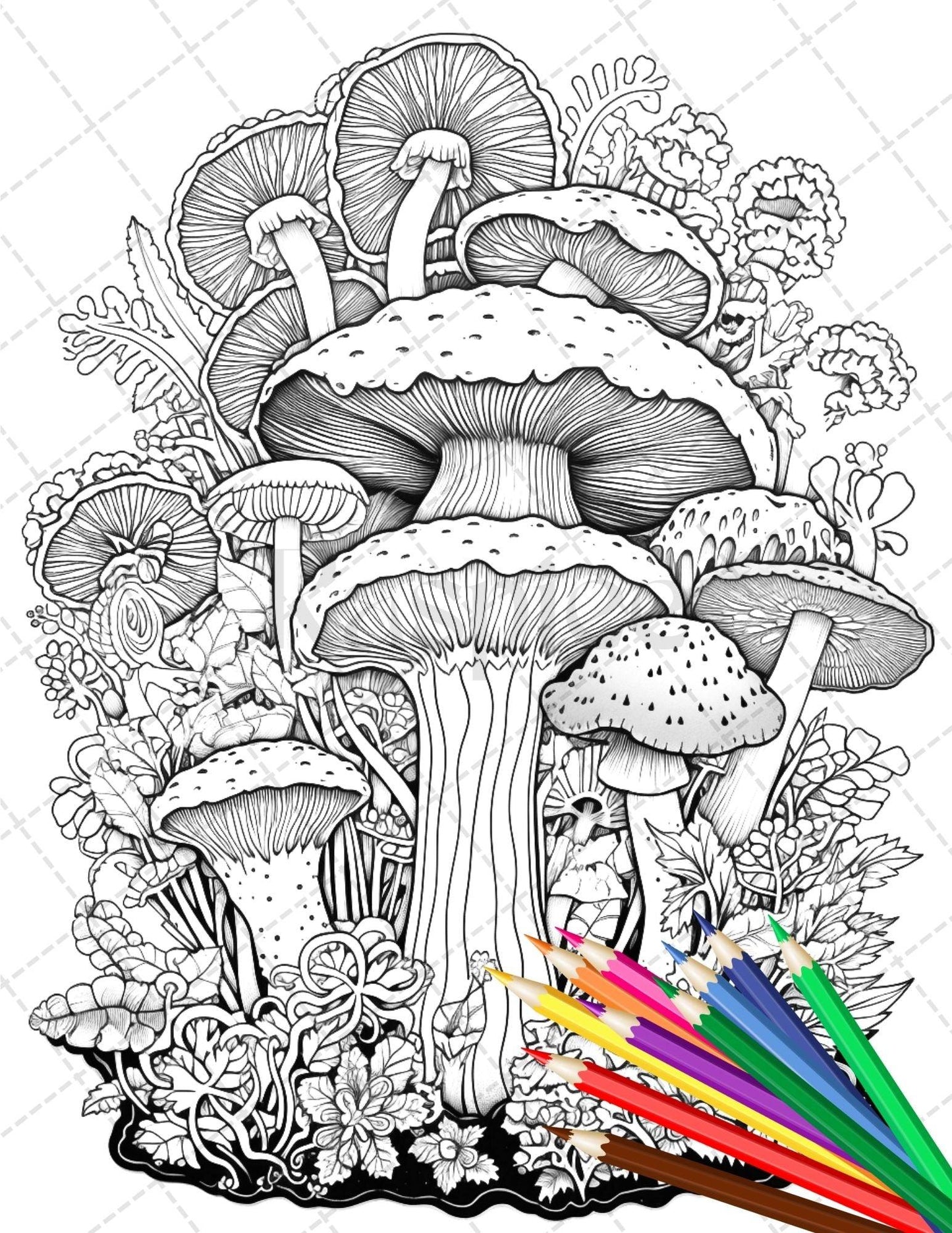 Psychedelic Mushroom Forest Coloring Book Printable for Adults, Trippy Grayscale Coloring Page, PDF File Instant Download