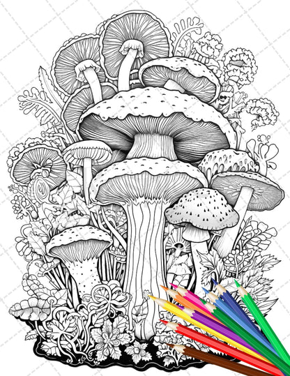 Psychedelic Mushroom Forest Coloring Book Printable for Adults, Trippy Grayscale Coloring Page, PDF File Instant Download