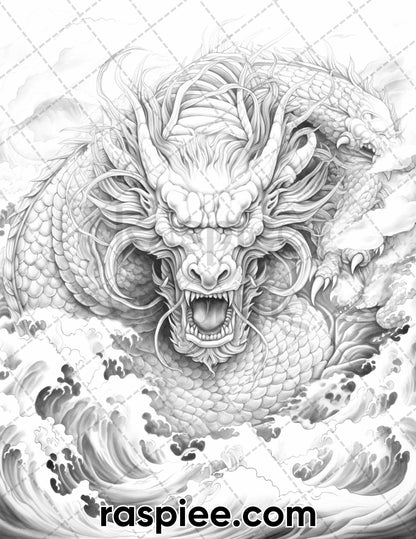 60 Mythical Creatures Grayscale Coloring Pages for Adults, Printable PDF Instant Download