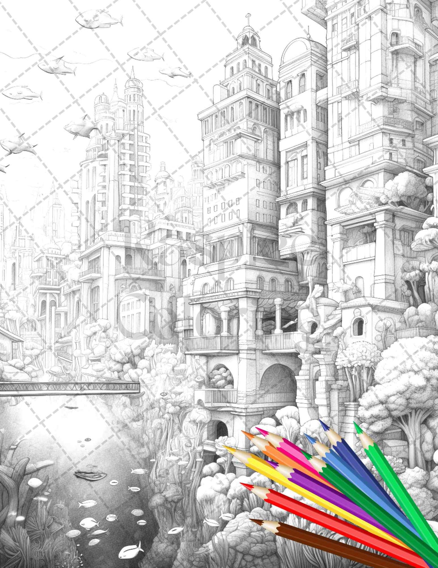 Enchanted Underwater City Grayscale Coloring Pages Printable for Adults, PDF File Instant Download
