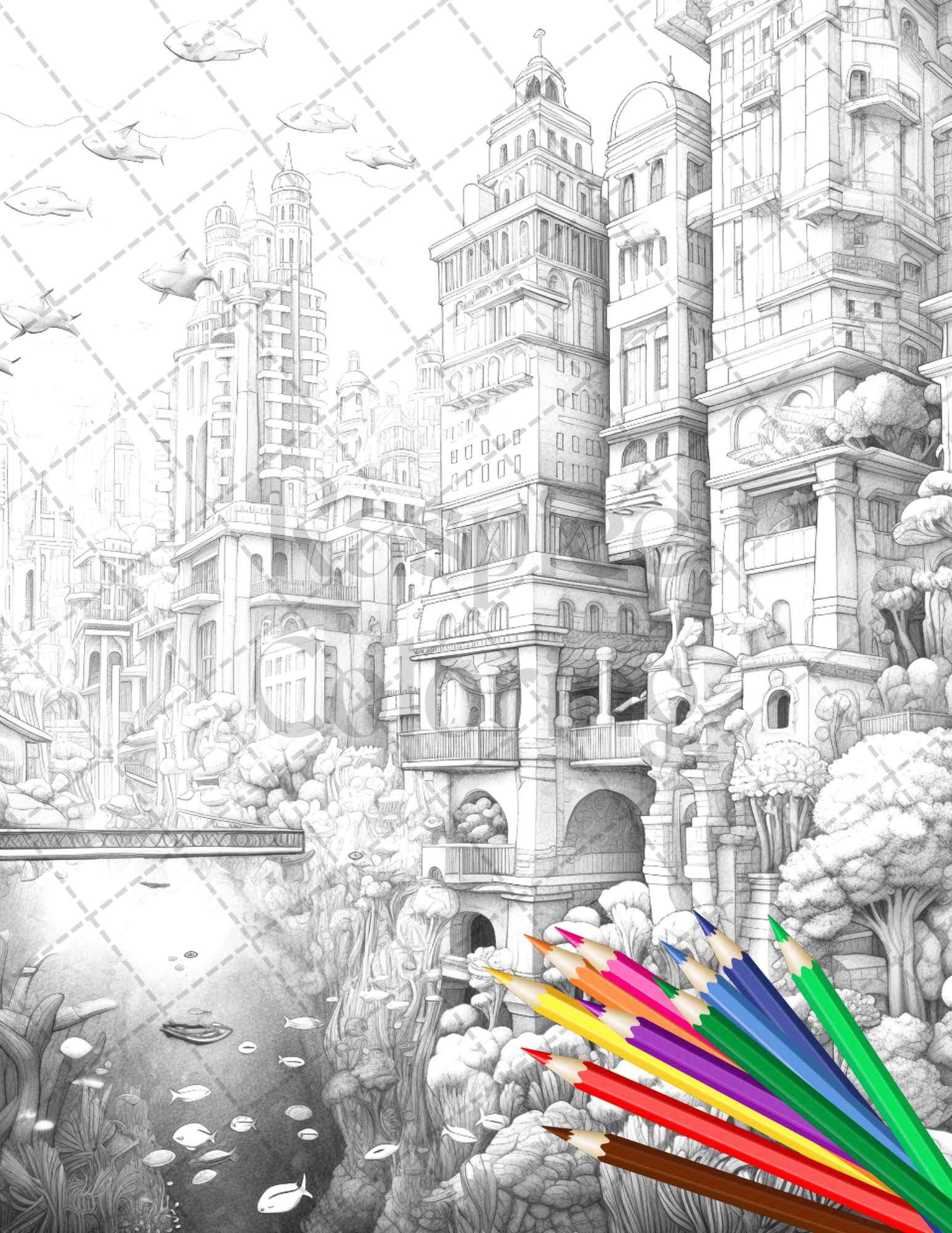 Enchanted Underwater City Grayscale Coloring Pages Printable for Adults, PDF File Instant Download