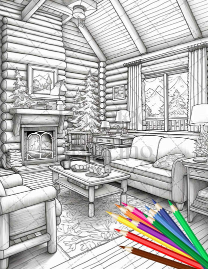 Cozy Cabin Interior Grayscale Coloring Pages Printable for Adults, PDF File Instant Download