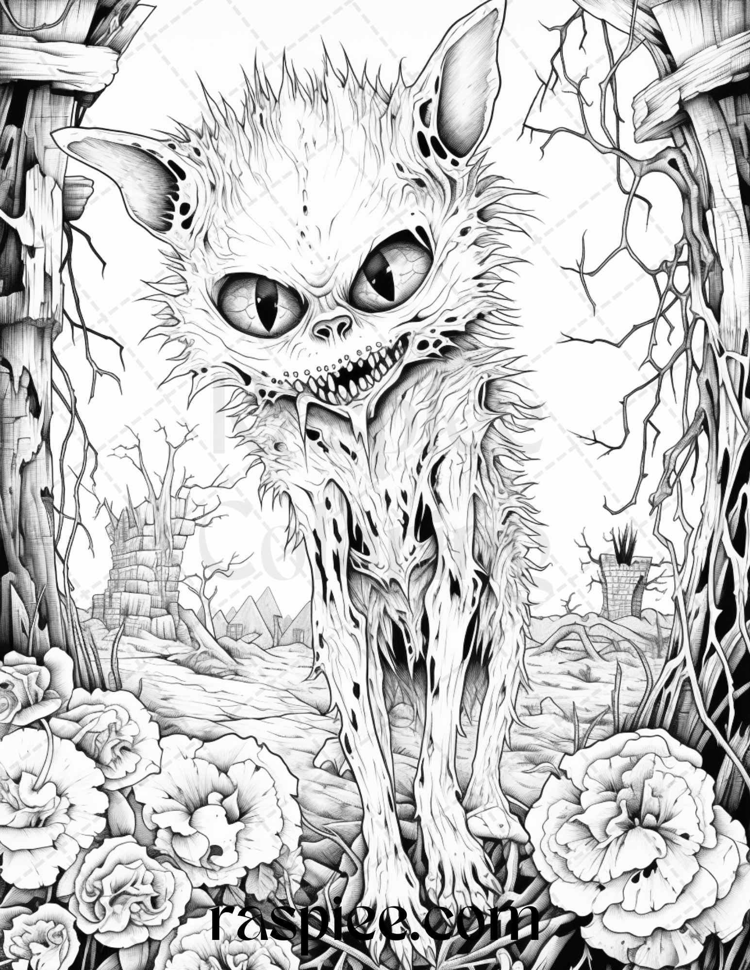 66 Horror Zombie Animals Grayscale Coloring Pages Printable for Adults, PDF File Instant Download