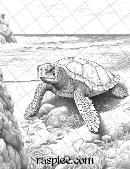 Ocean Life Grayscale Coloring Pages Printable for Adults Relaxation and Creativity, PDF File Instant Download