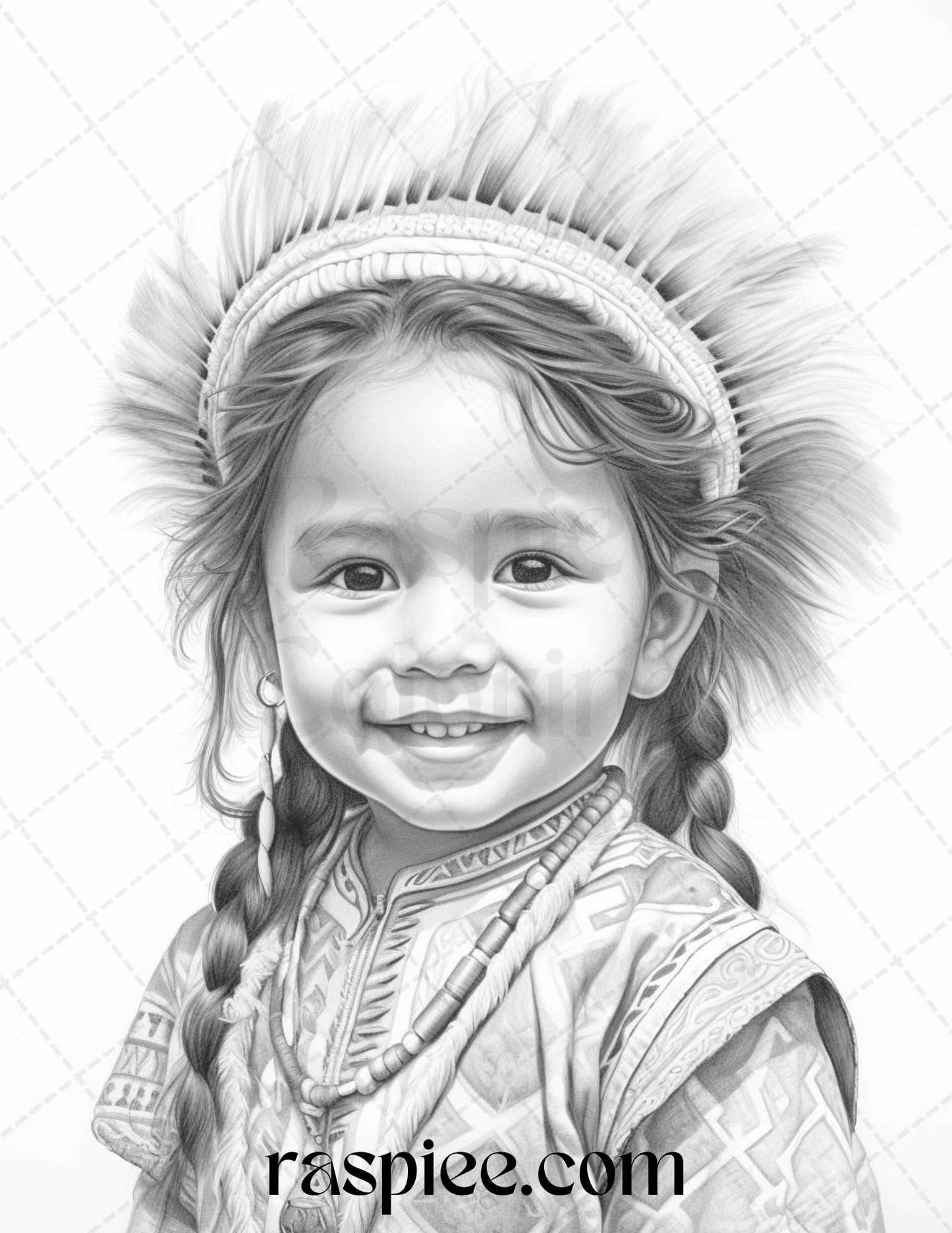 50 Native American Little Girls Boys Grayscale Coloring Pages Printable for Adults Kids, PDF File Instant Download