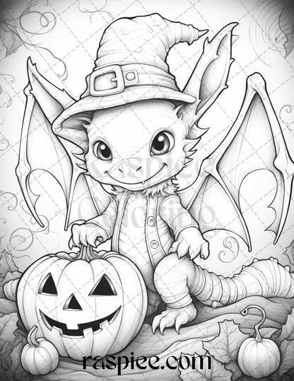 50 Cute Pumpkin Dragons Graycale Coloring Pages for Adults and Kids, Printable PDF File Instant Download