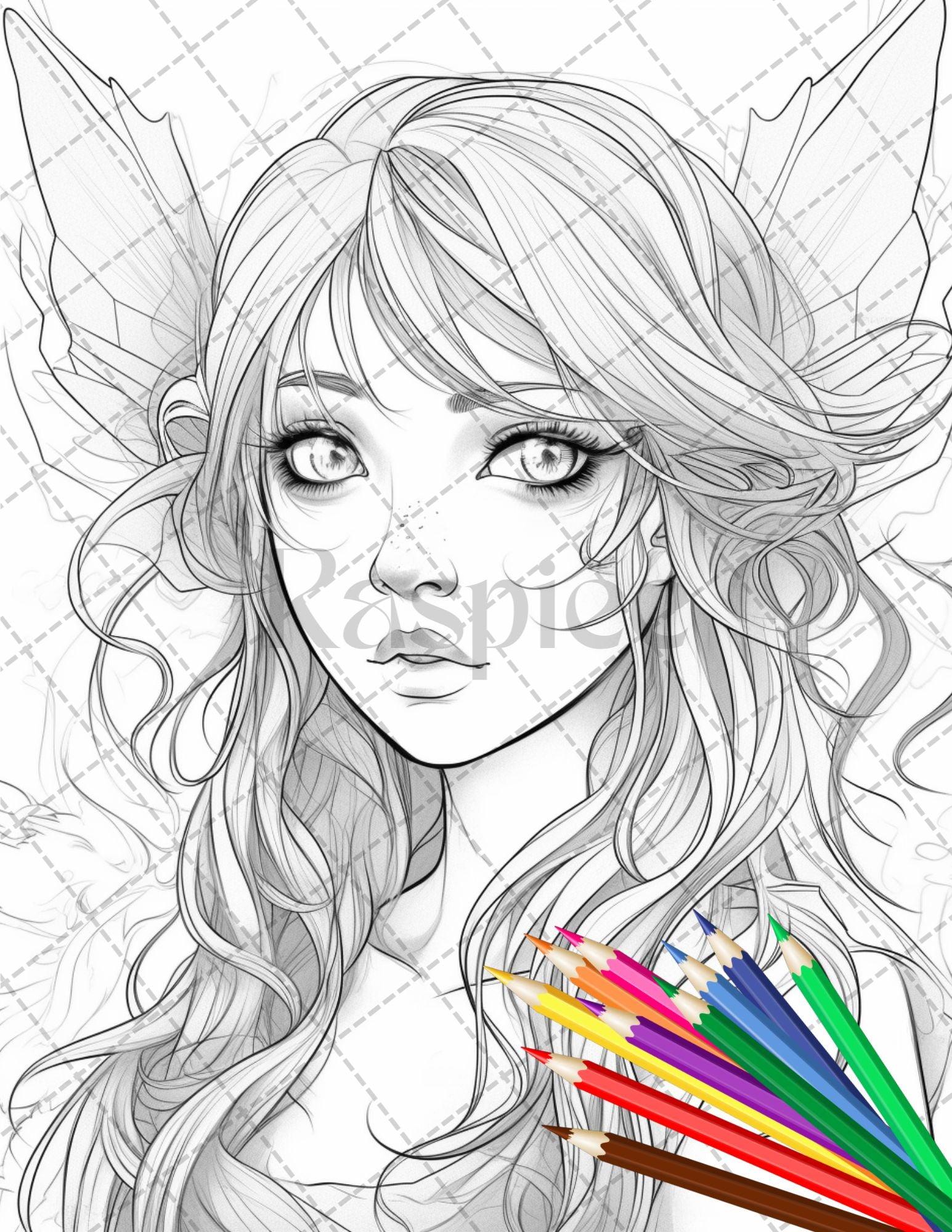 32 Anime Fairy Girl Printable Coloring Pages for Adults, Cute Fairy Grayscale Coloring Book, Printable PDF File Download