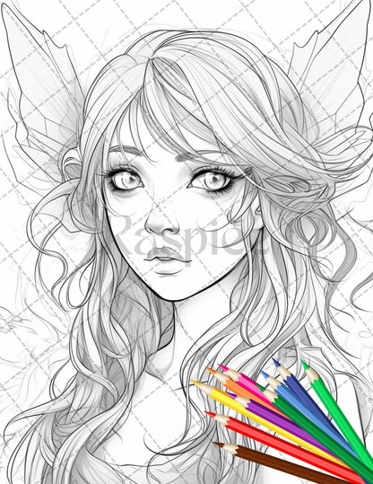 32 Anime Fairy Girl Printable Coloring Pages for Adults, Cute Fairy Grayscale Coloring Book, Printable PDF File Download