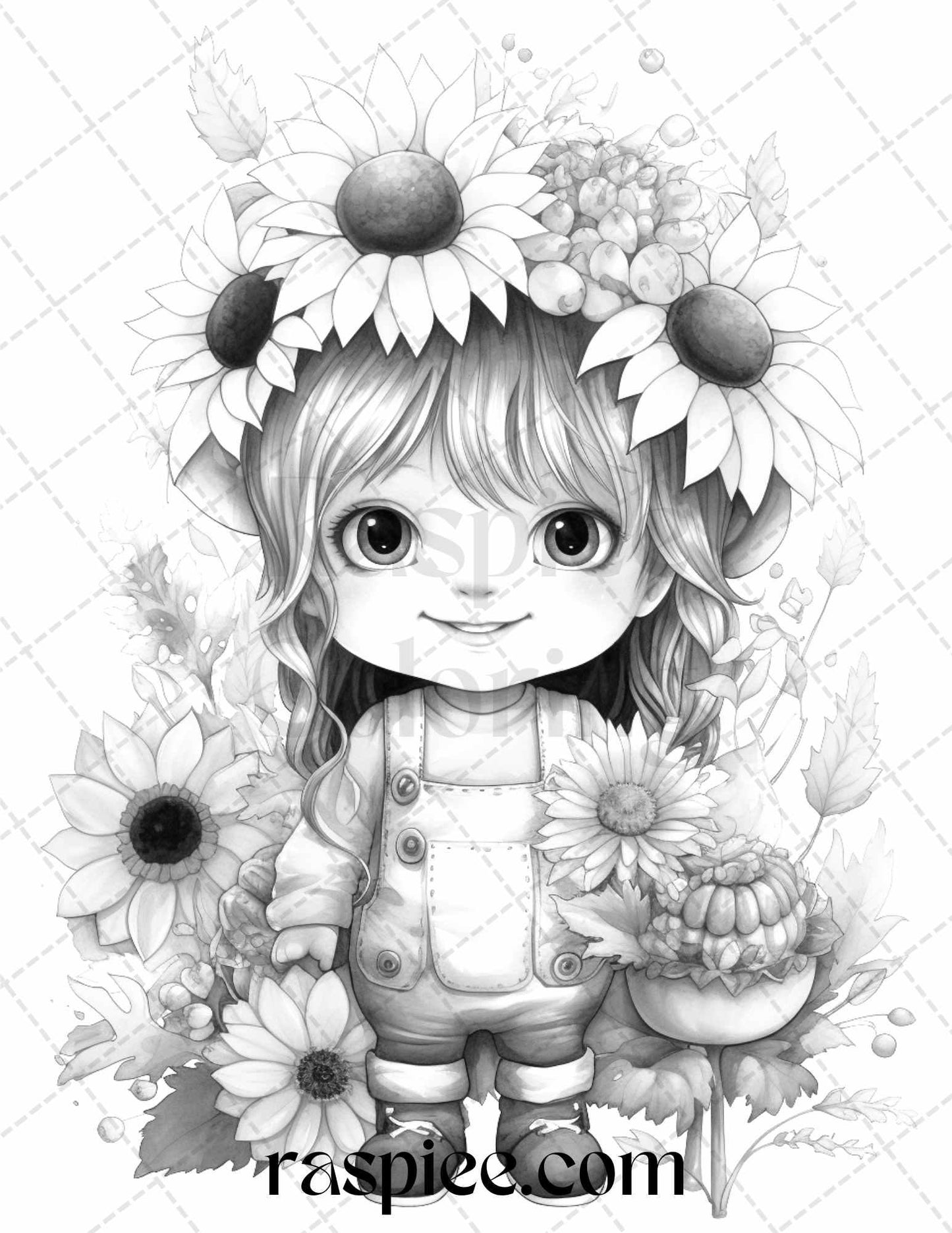 50 Flower Gnomes Grayscale Coloring Pages Printable for Adults Kids, PDF File Instant Download
