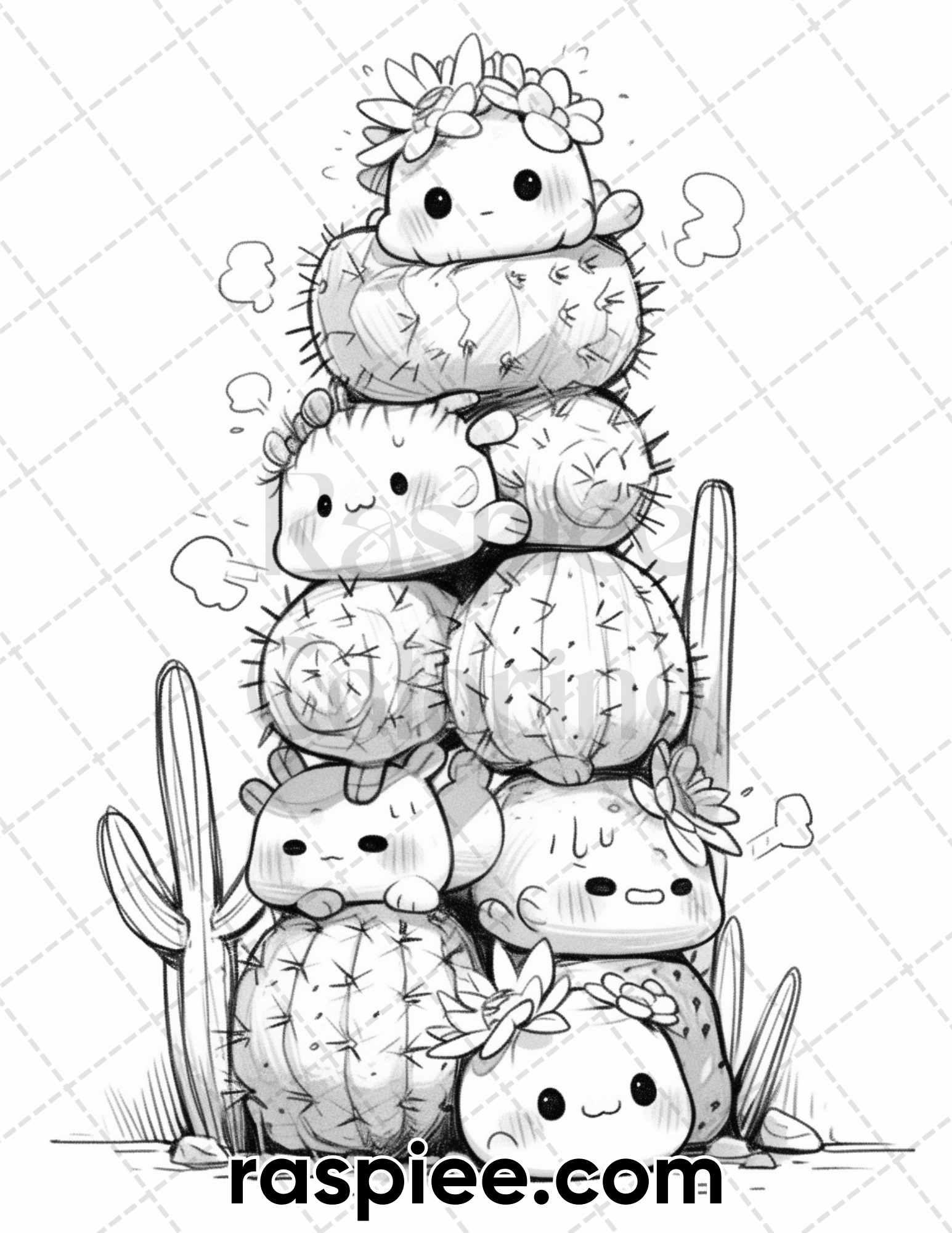 60 Cute Cactus Adventure Grayscale Coloring Pages for Adults, Printable PDF Instant Download