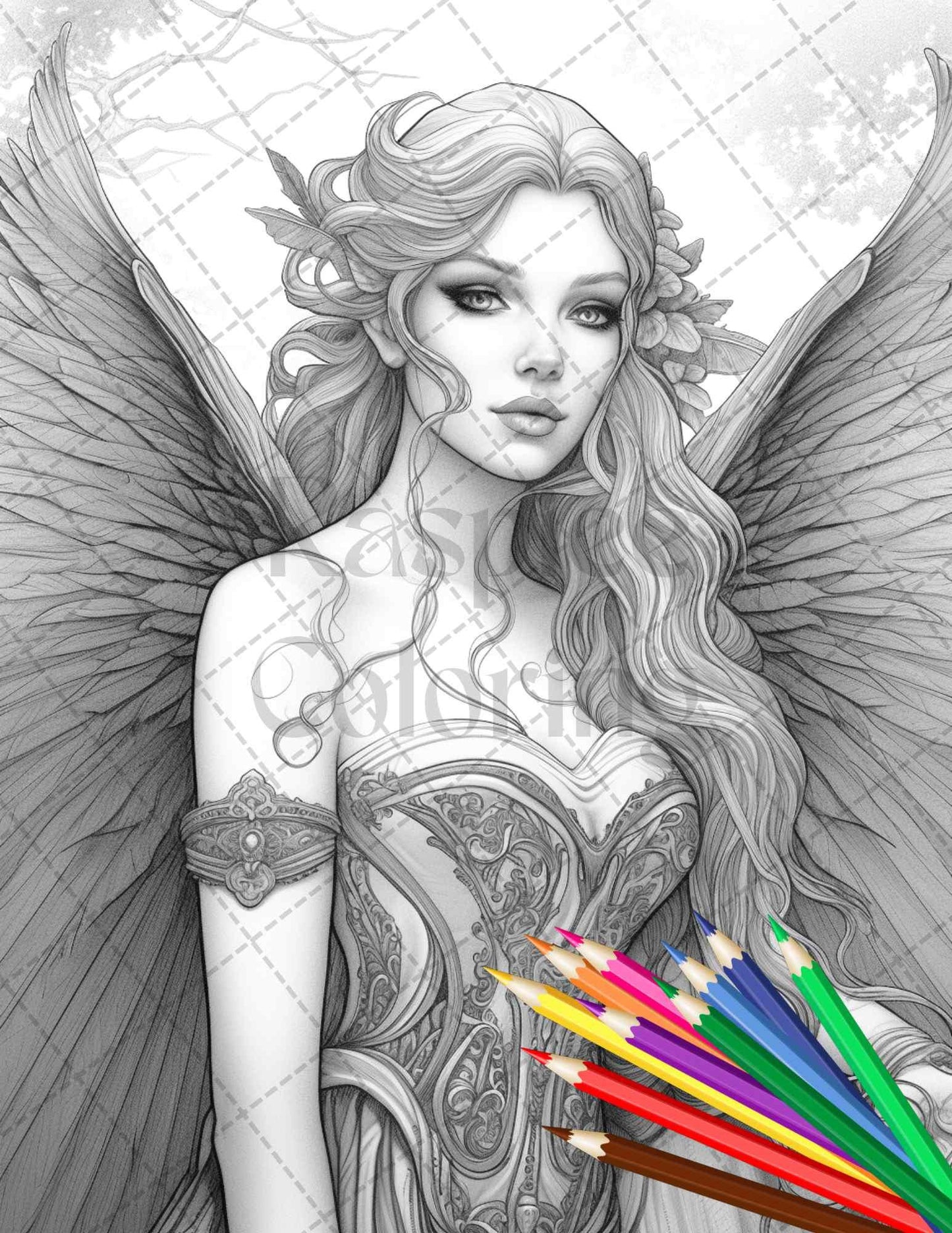 Beautiful Dark Fairy Grayscale Coloring Pages Printable for Adults, PDF File Instant Download