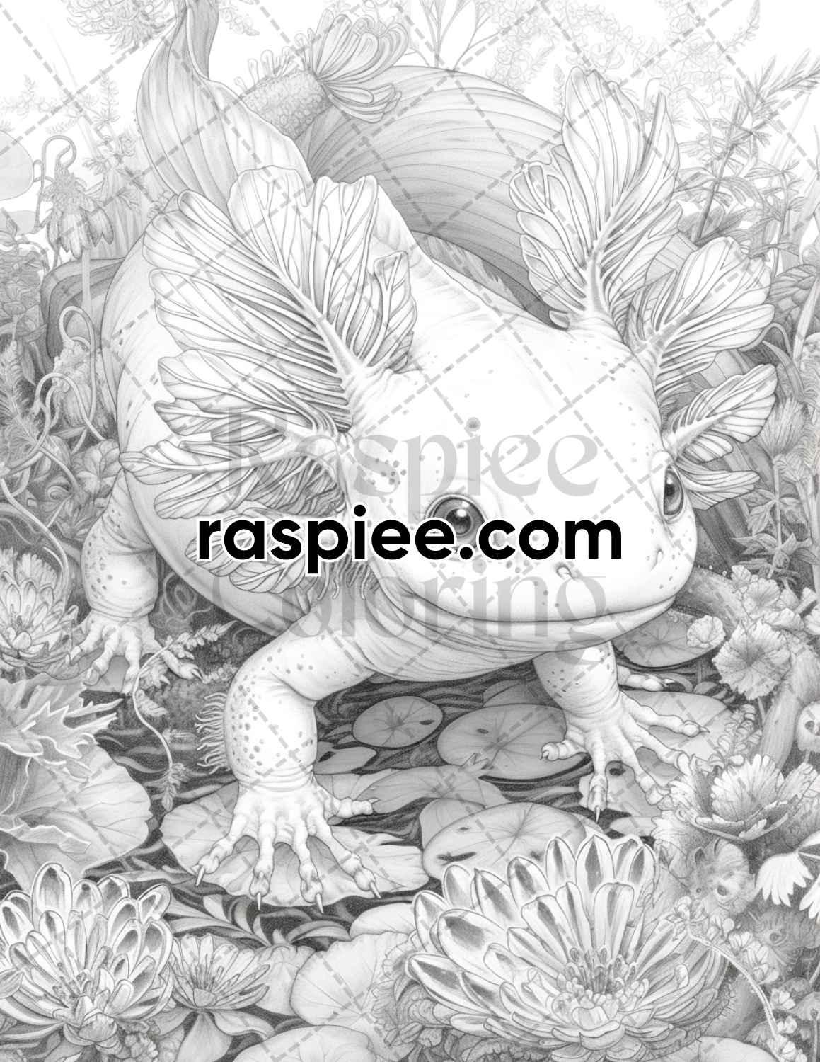 55 Fantasy Alien Axolotl Grayscale Adult Coloring Pages, Printable PDF Instant Download