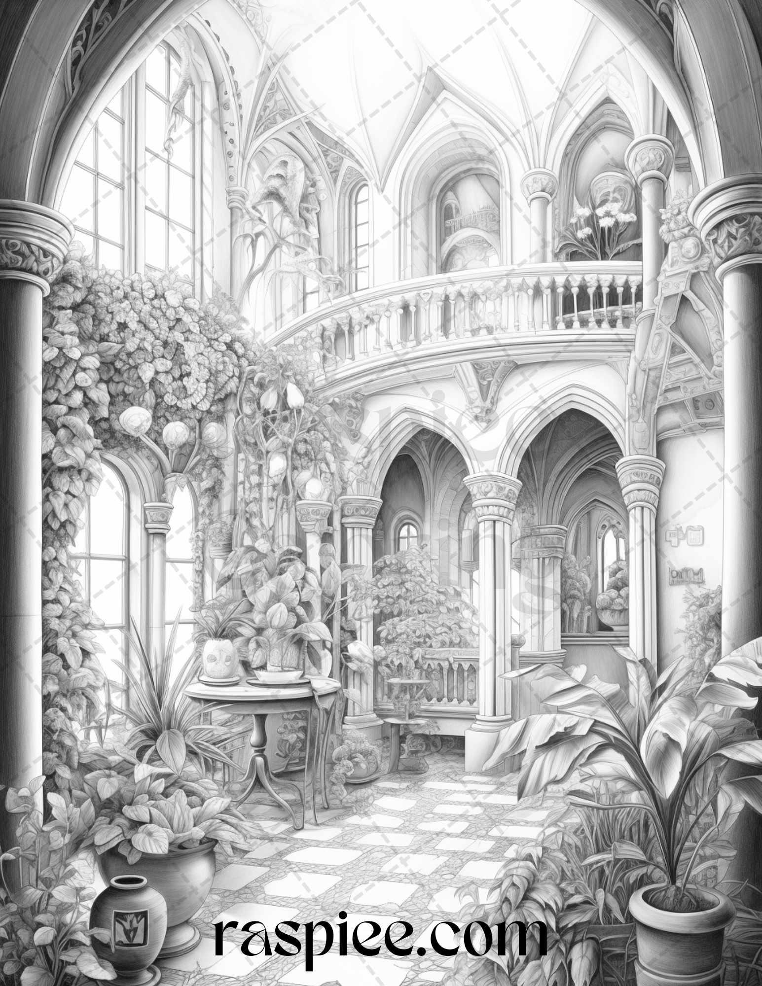 Fantasy Interior Grayscale Coloring Pages for Adults, Printable PDF File Instant Download
