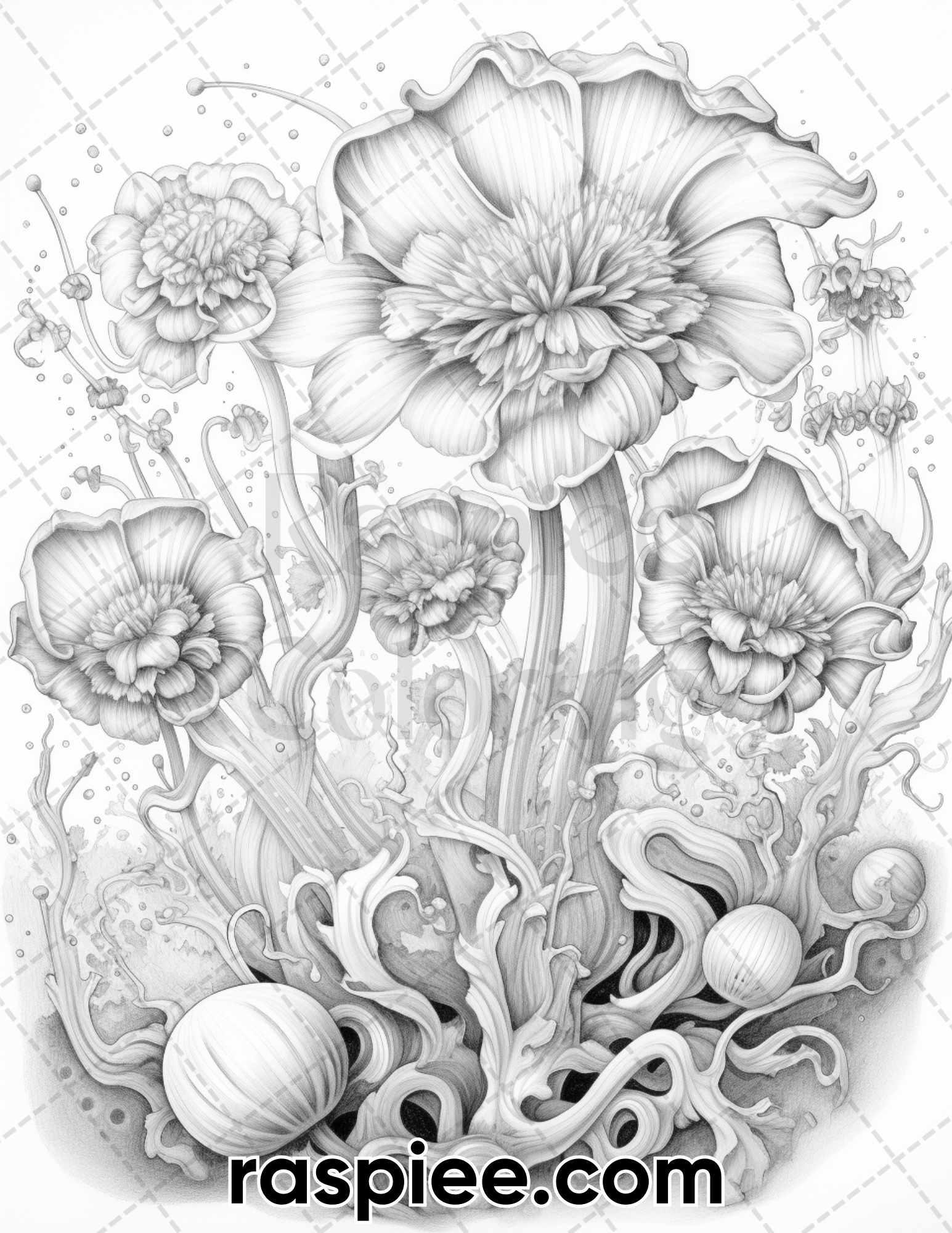 55 Fantasy Flowers Grayscale Coloring Pages for Adults, Printable PDF File Instant Download