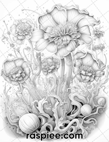 55 Fantasy Flowers Grayscale Coloring Pages for Adults, Printable PDF File Instant Download