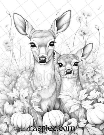 Autumn Animals Grayscale Coloring Pages for Adults and Kids, Printable PDF File Instant Download