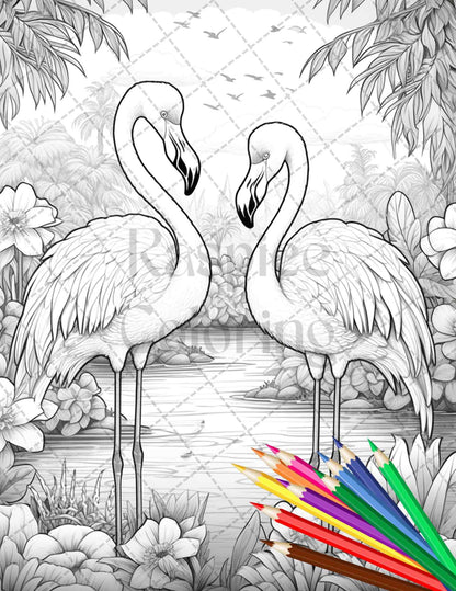 Flamingo Oasis Grayscale Coloring Pages Printable for Adults, PDF File Instant Download