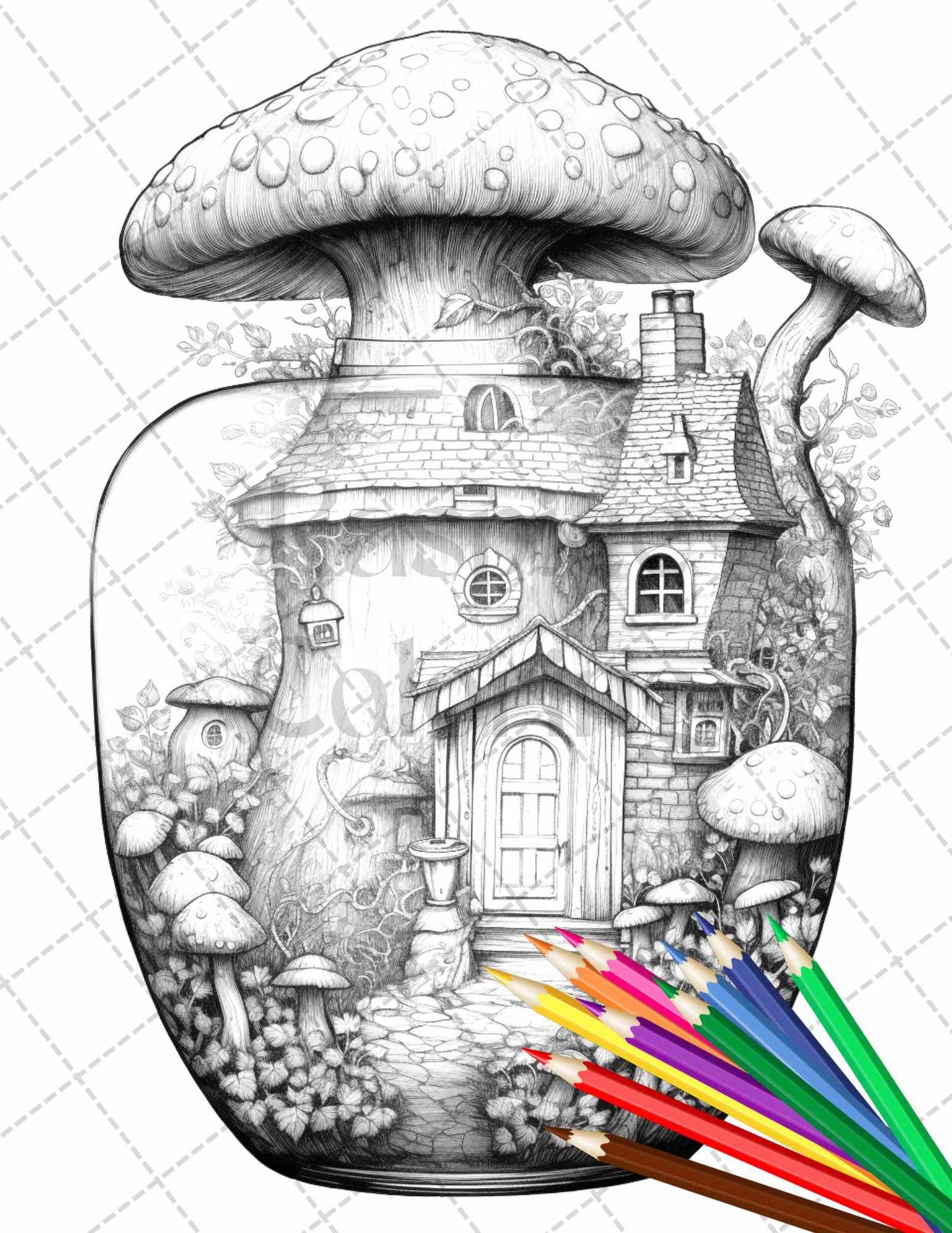Fairy House in Jar Grayscale Coloring Pages Printable for Adults, PDF File Instant Download