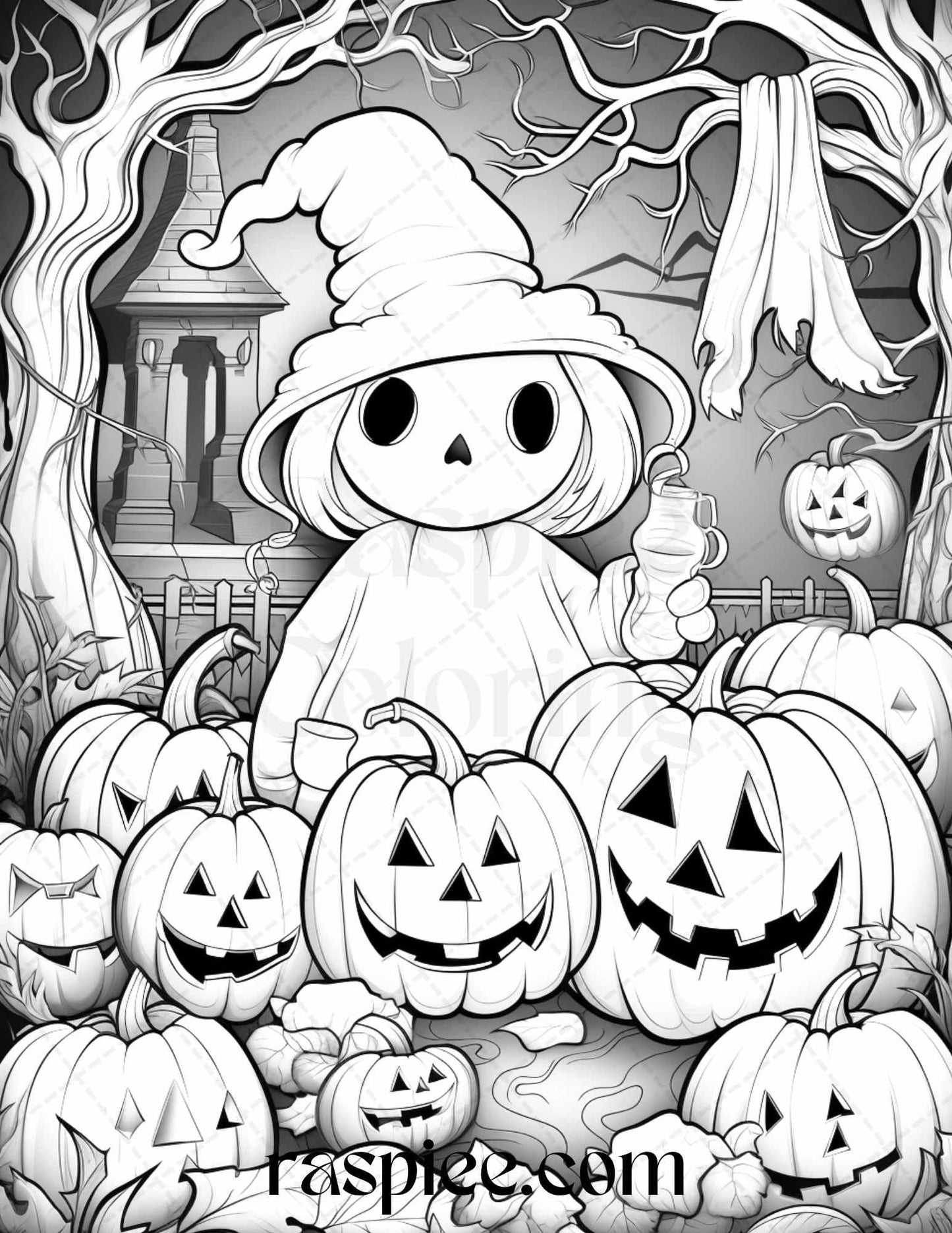 50 Halloween Cute Ghosts Grayscale Coloring Printable for Adults Kids, PDF File Instant Download