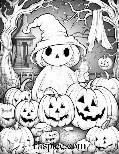 50 Halloween Cute Ghosts Grayscale Coloring Printable for Adults Kids, PDF File Instant Download