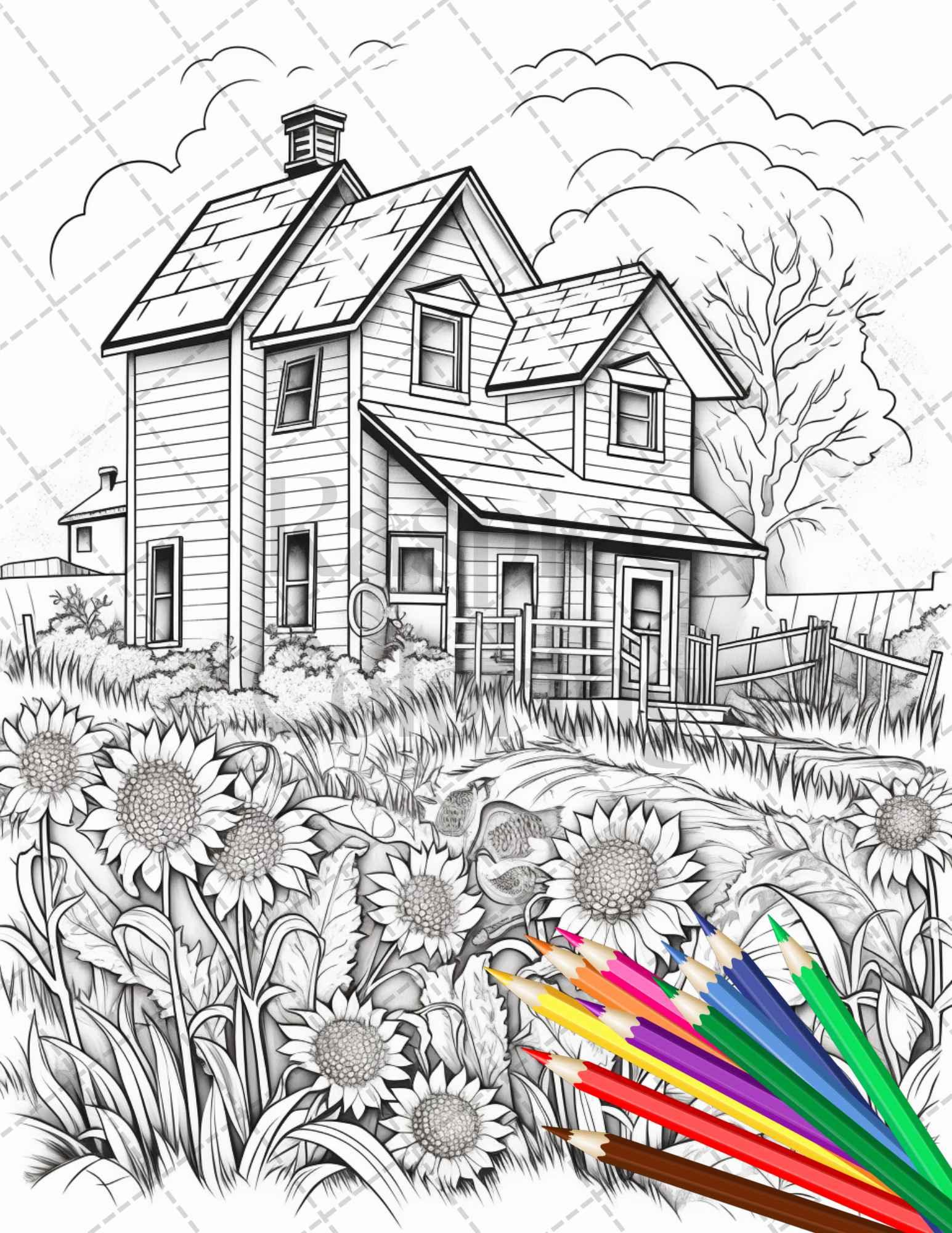 Charming Farmhouse Scenery Grayscale Coloring Pages Printable for Adults, PDF File Instant Download