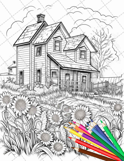 Charming Farmhouse Scenery Grayscale Coloring Pages Printable for Adults, PDF File Instant Download