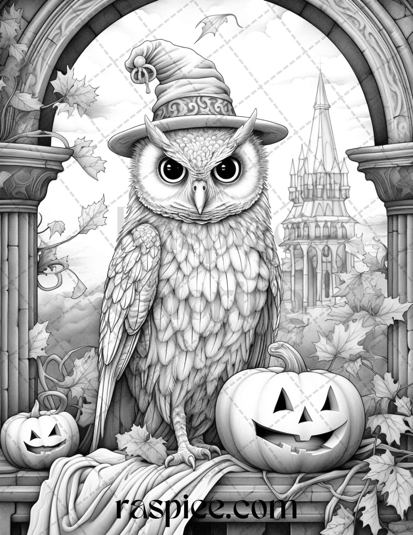 Halloween Witch Owl Grayscale Coloring Pages for Adults and Kids, Printable PDF Instant Download