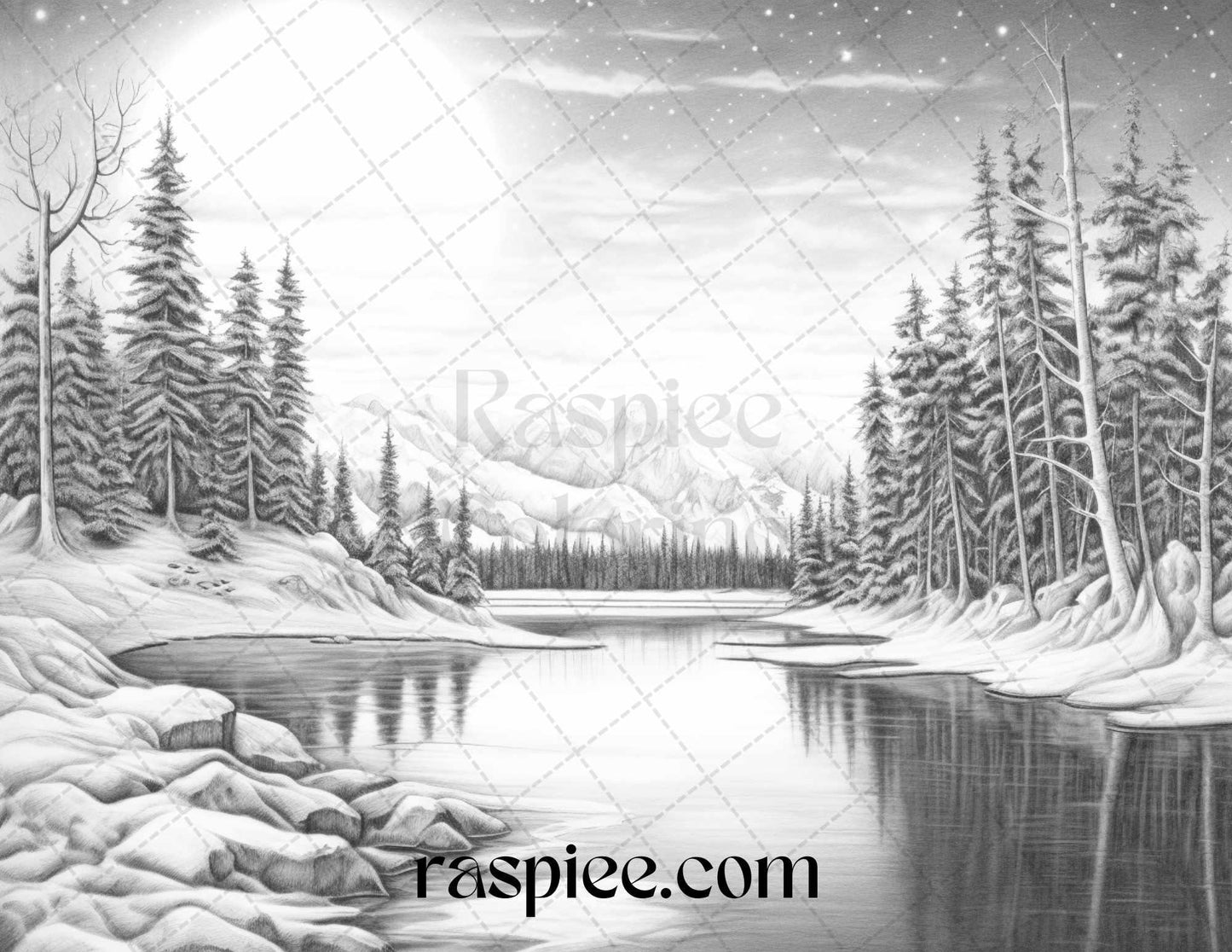 Aurora Borealis Landscape Grayscale Coloring Pages for Adults, Printable PDF File Instant Download